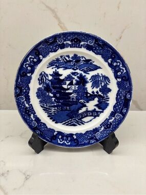 Antique Blue Willow Transferware Plate Flow Blue Pagoda Landscape Image